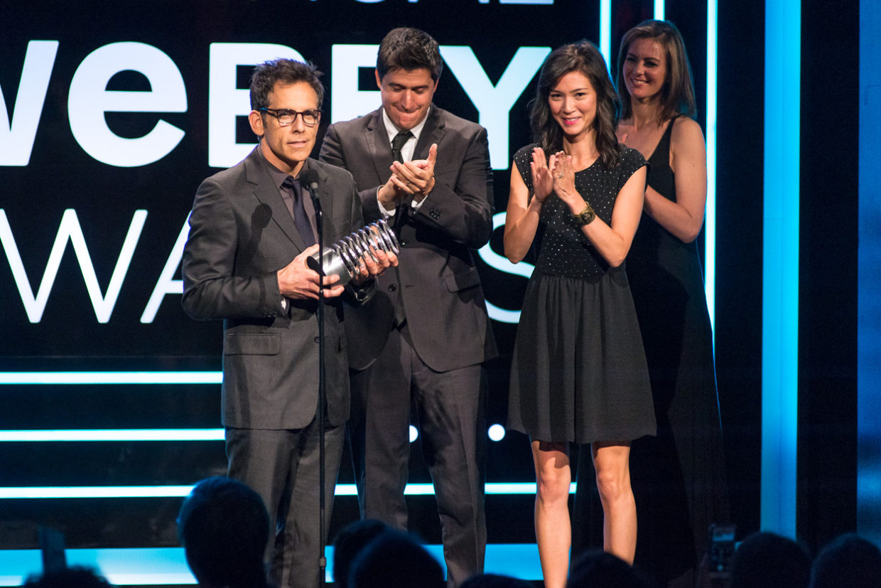 Ben Stiller, Ken Marino and Erica Oyama accept their Webby Award for Burning Love