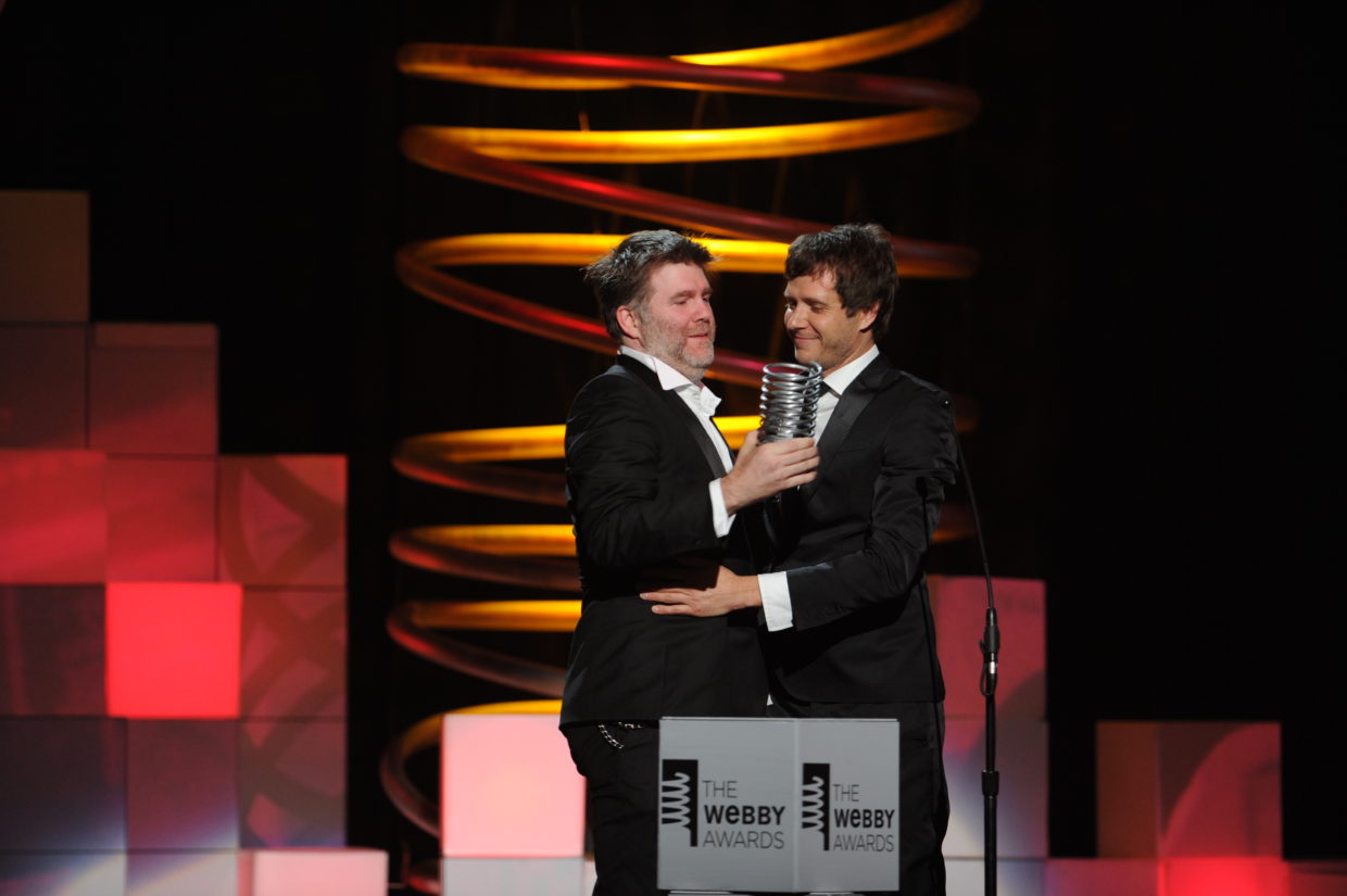 OK Go\'s Damian Kulash presents LCD Sound System\'s James Murphy with Artist of the Year at the 15th Annual Webby Awards.