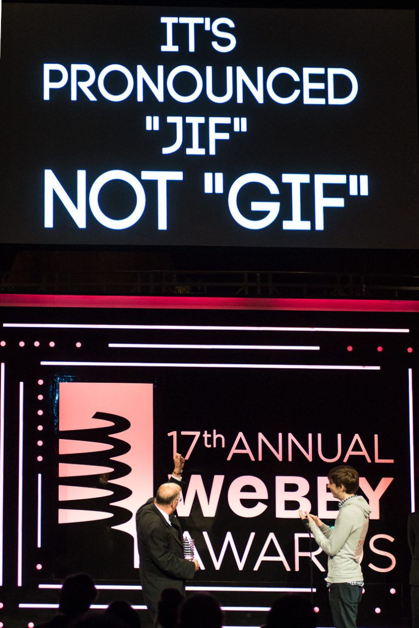 Steve Wilhite, .GIF Creator, accepts Webby Lifetime Achievement Award from David Karp at the 17th Annual Webbys.
