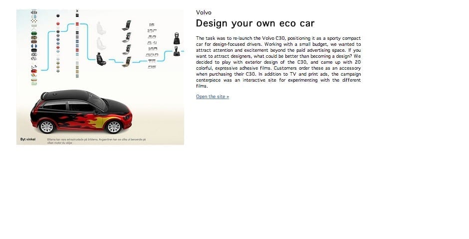 2009 Nominee in Web/Best Navigation with “Design Your Own Eco-Car” for Volvo