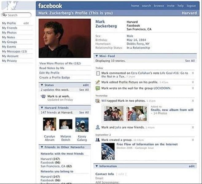 2006: Mark Zuckerberg\'s profile with first major redesign and addition of the News Feed. via forbes.com 