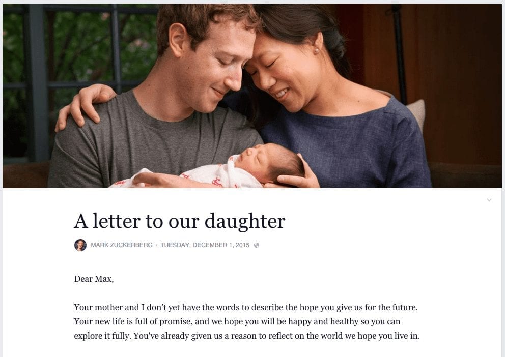  2015: Mark Zuckerberg welcomes daughter Max and announced that he would donate 99% of his shares in the company to charity over time. via facebook.com
