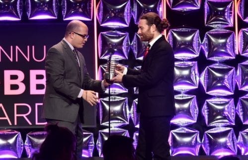 Brian Stetler presents to Chris Milk of Vrse.Works for Best Live Event at the 20th Annual Webby Awards Homepage OneUp