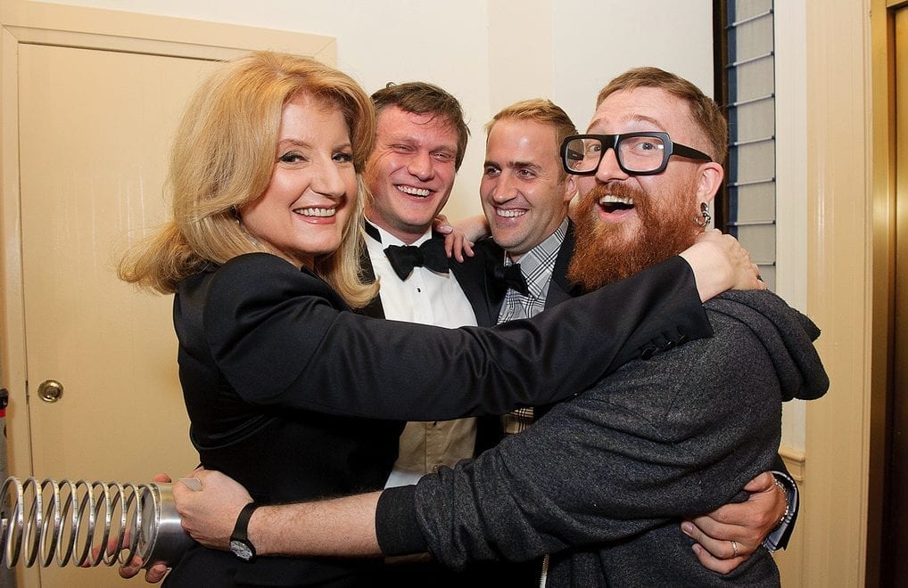 Arianna Huffington with Obama\'s legendary tech team, Harper Reed, Michael Slaby, and Teddy Goff, at the 17th Webby Awards