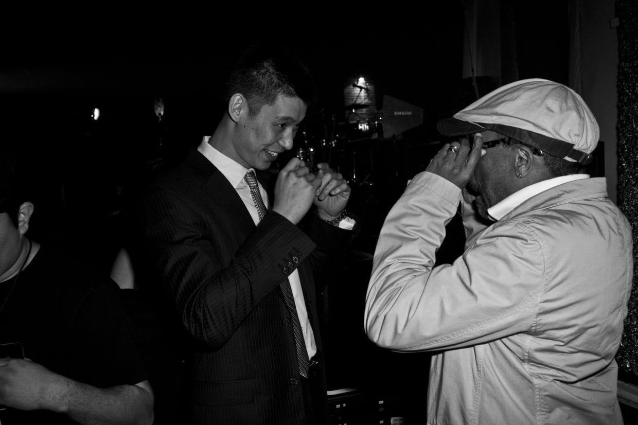 Jeremy Lin and Spike Lee practicing the Linsanity handshake backstage at the 16th Webby Awards