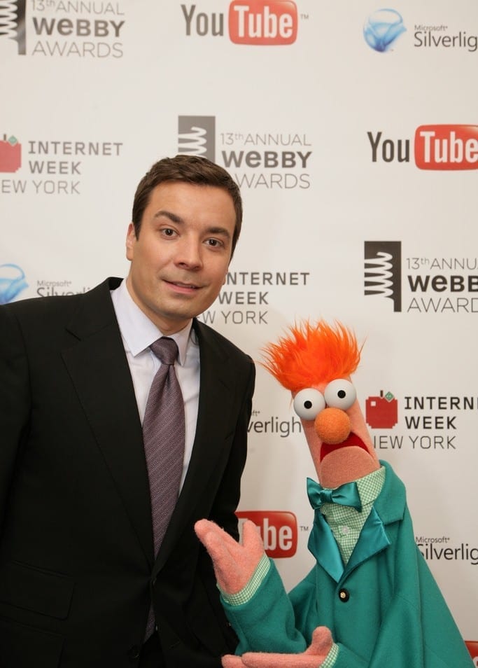 Jimmy Fallon and Beaker on the red carpet at the 13th Webby Awards