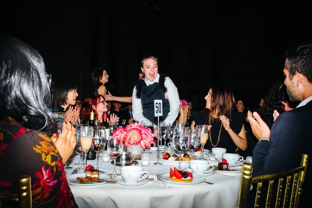 Lena Dunham standing, seated: Eva Chen, Megan Mullally & Jenni Konner, at the 20th Webby Awards