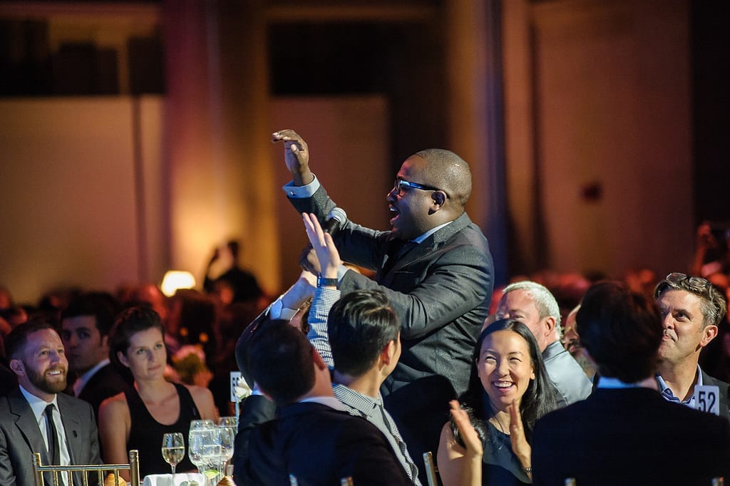 Comedian Hannibal Buress greets the crowd at the 19th Webby Awards (2015)