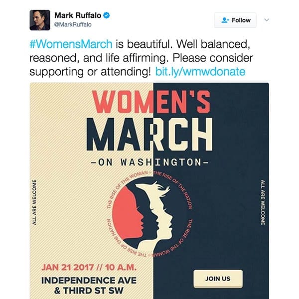 Actor Mark Ruffalo tweeted his support for the march